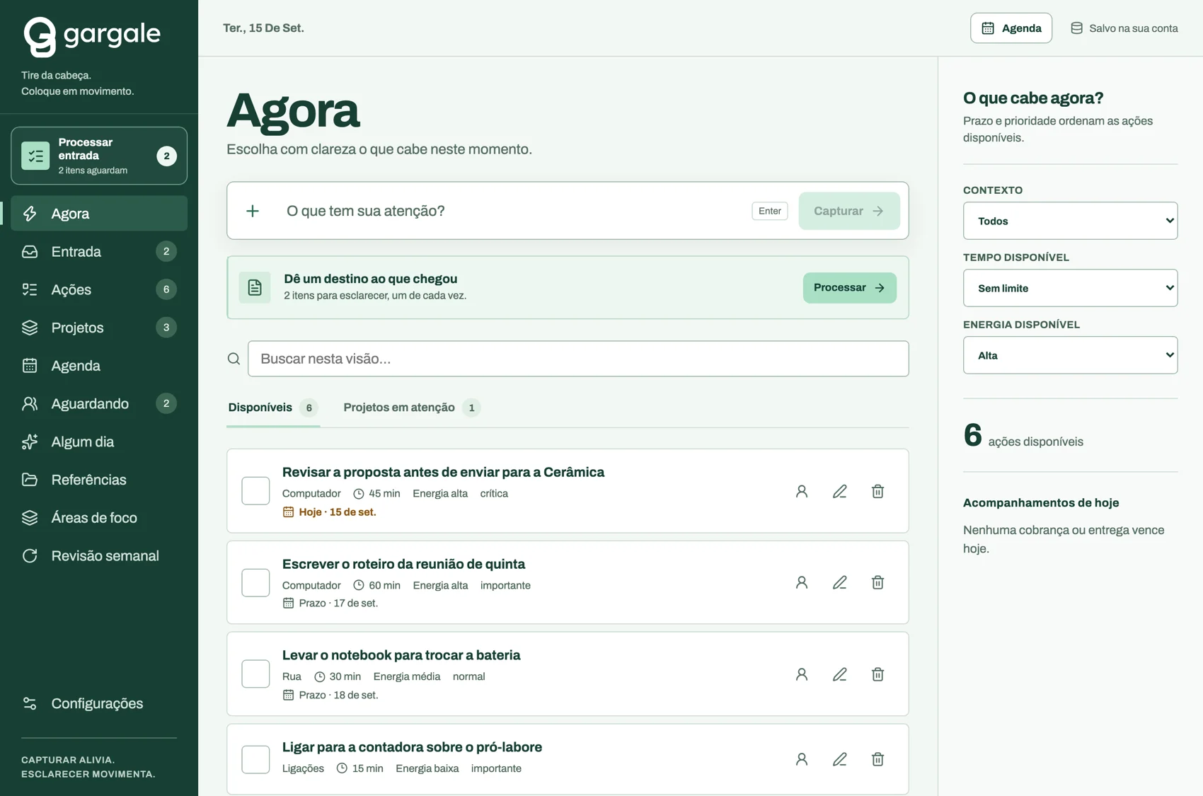 A tela Agora do Gargale, com captura no topo, filtros de contexto, tempo e energia à direita, e a lista de ações disponíveis ordenada por prazo.