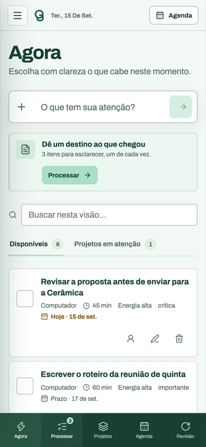 O Gargale no celular, com a captura no topo e a barra inferior de acesso rápido a Agora, Processar, Projetos, Agenda e Revisão.
