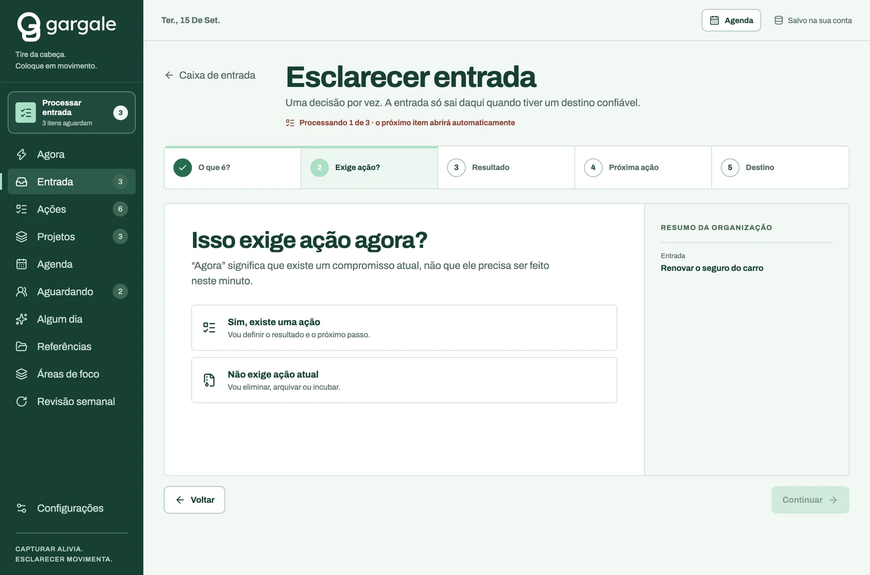 A tela de esclarecimento, na pergunta “Isso exige ação agora?”, com as cinco etapas numeradas no topo e o resumo da organização à direita.