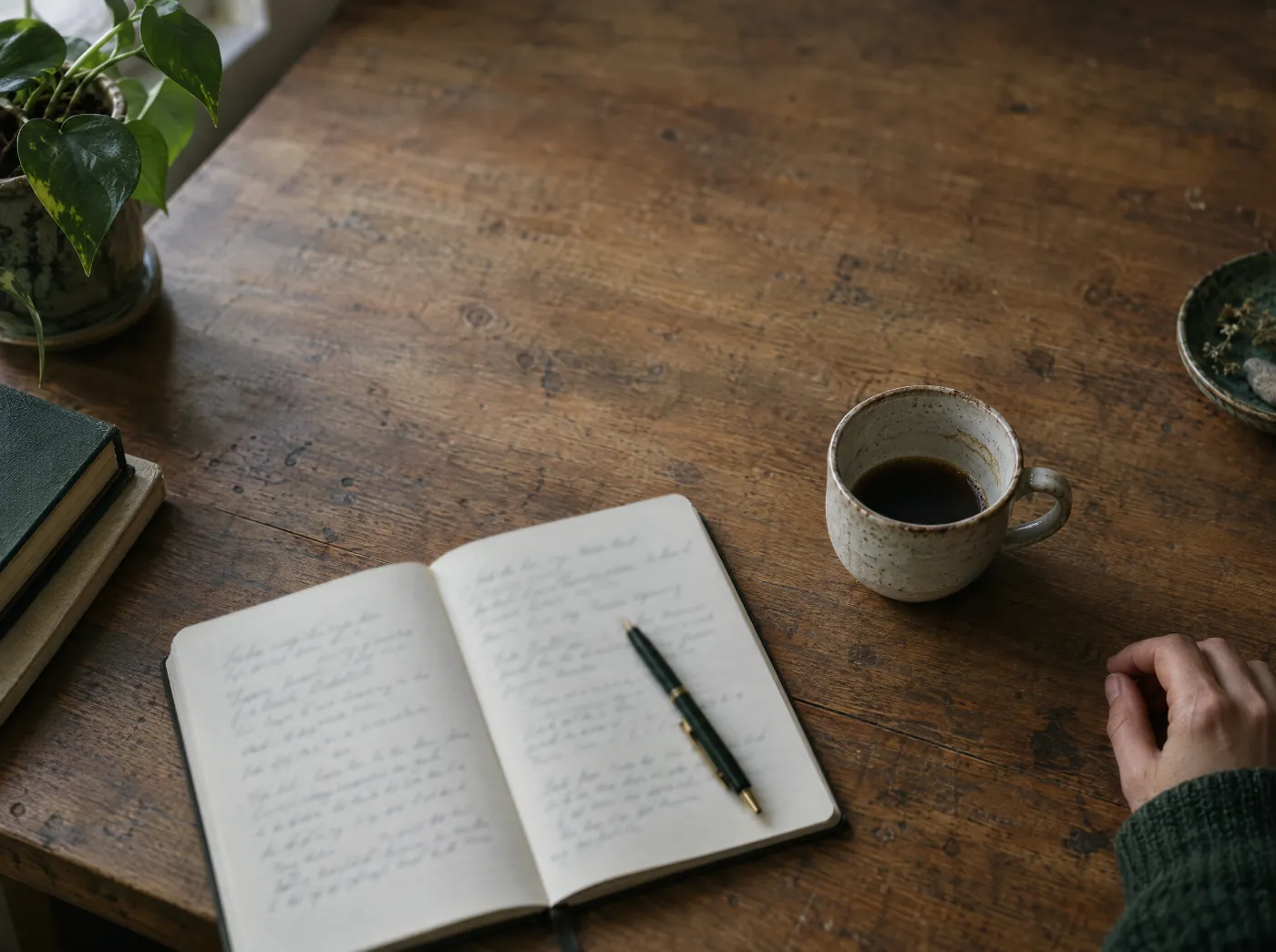 Mesa de madeira com caderno aberto, caneta e uma xícara de café, em luz suave.