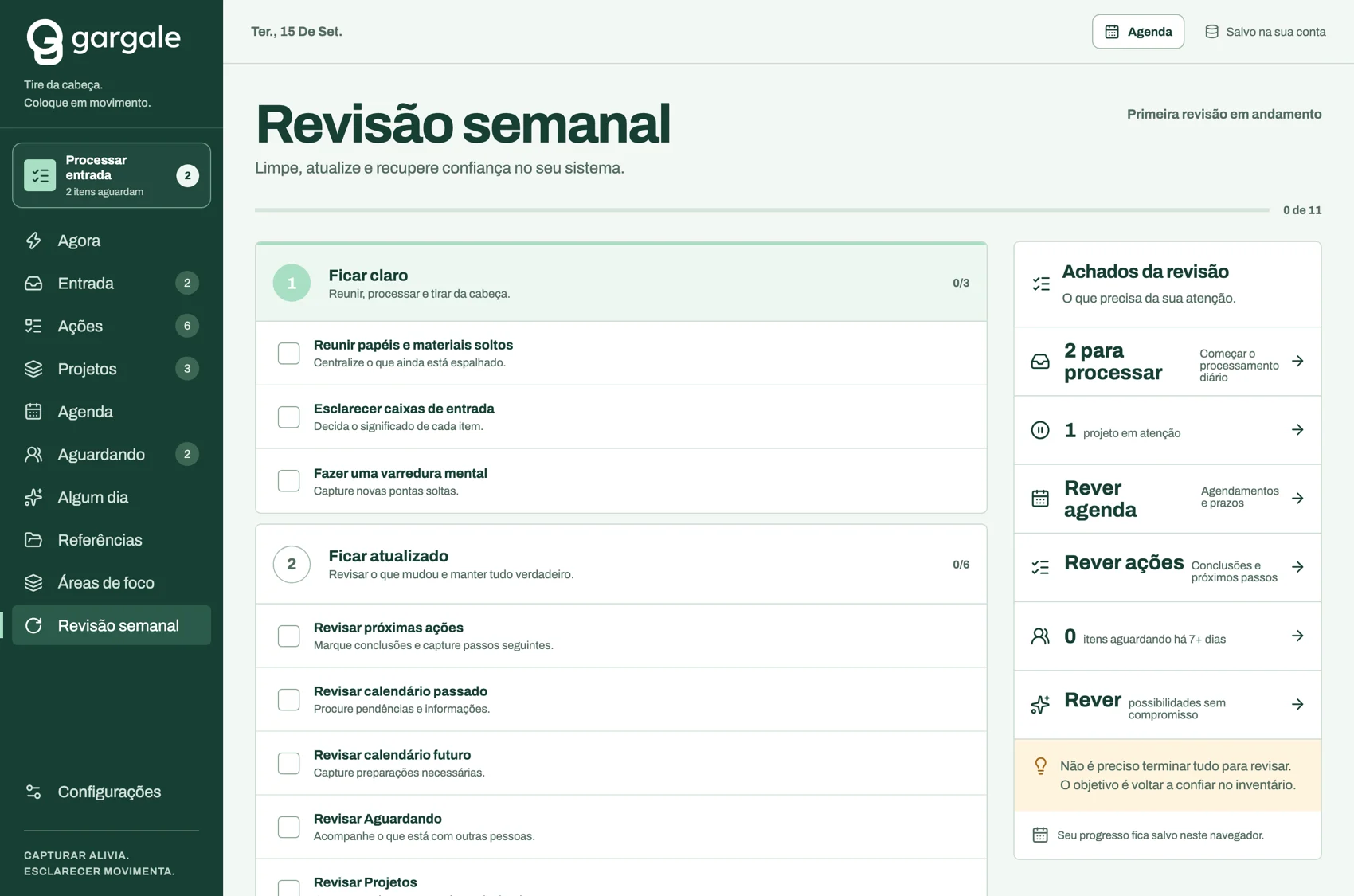 A revisão semanal com os onze passos agrupados em ficar claro, ficar atualizado e ser criativo, ao lado do painel de achados.