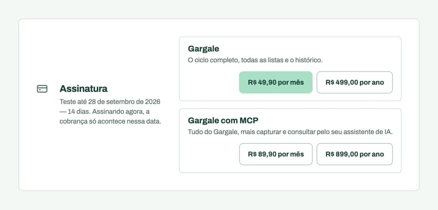 Seção Assinatura das Configurações, com os planos Gargale e Gargale com MCP e seus valores mensais e anuais.