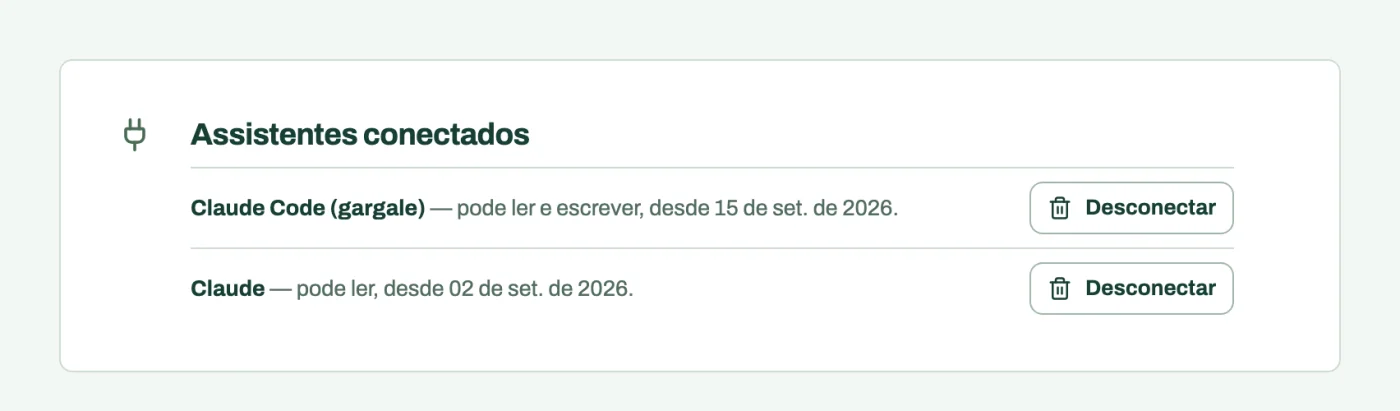 Seção Assistentes conectados das Configurações, listando dois aplicativos autorizados com um botão Desconectar em cada linha.
